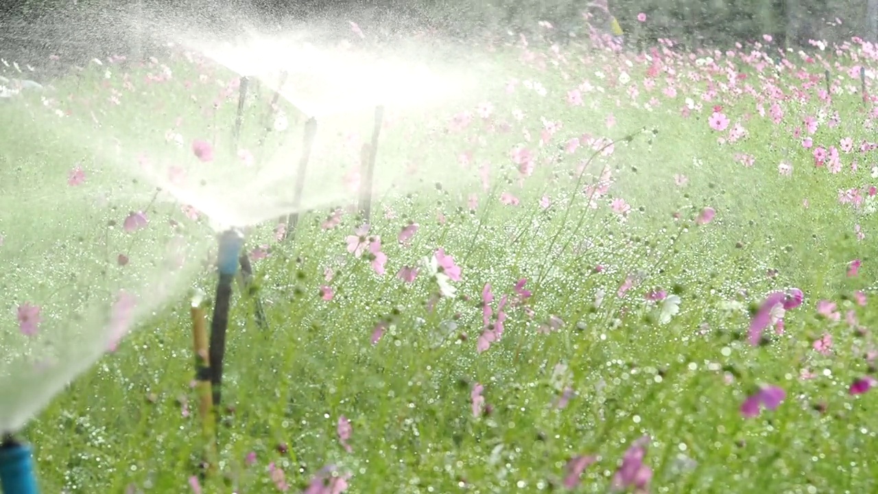 在宇宙花园，洒水车正在喷水视频素材