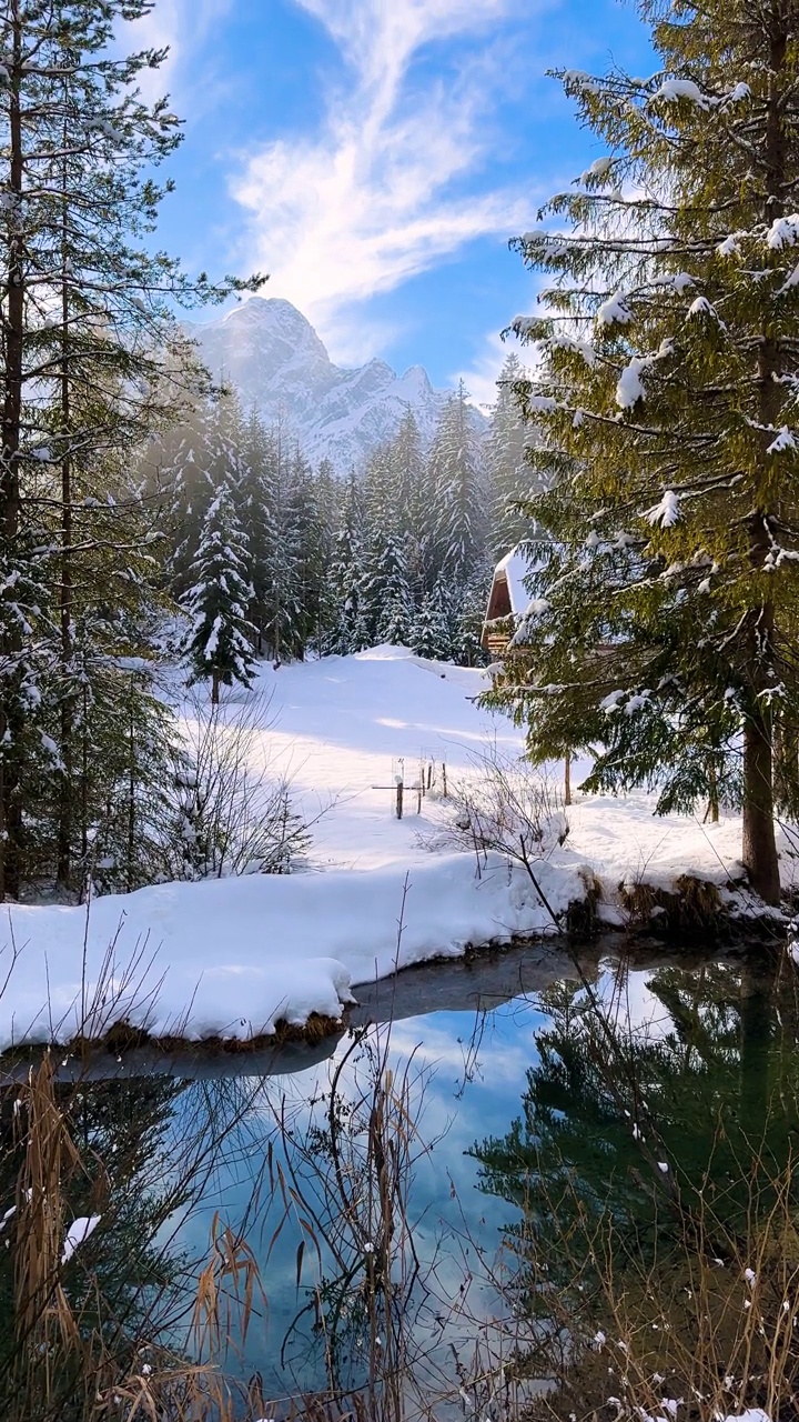 清新的水流在白雪覆盖的雄伟山谷中视频素材