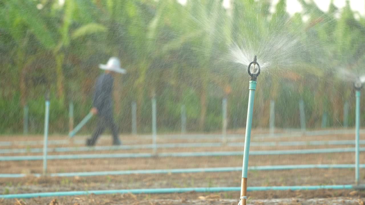 农民和农业灌溉系统浇水视频素材