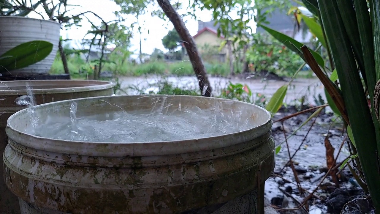 用塑料桶收集雨水。视频素材