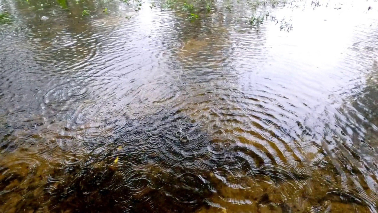 雨水落在水滴飞溅在水面抽象背景。视频素材