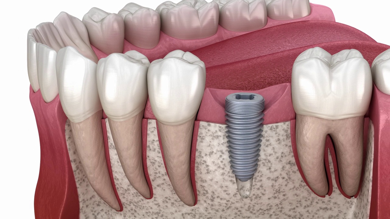 种植体安装，定制基牙和陶瓷冠。医学精确牙齿3D动画视频素材