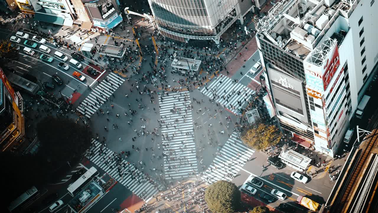 东京涩谷十字路口，许多行人和车辆穿过十字路口视频素材