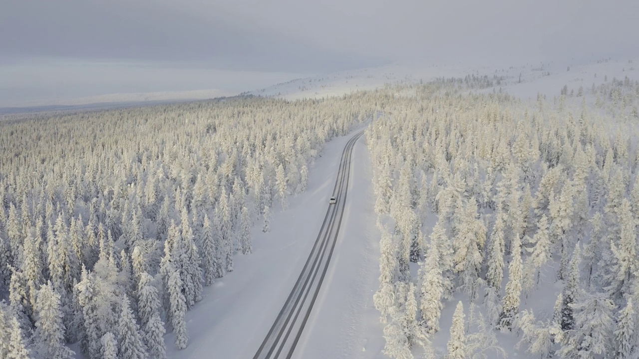 冬季道路的鸟瞰图，在白雪覆盖的森林中间，汽车行驶视频素材