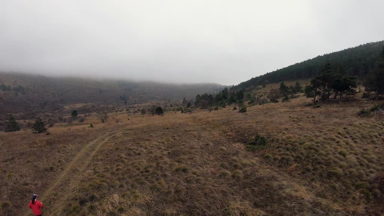 鸟瞰一个多雾的日子里，一个女人在覆盖着绿色森林的山上慢跑视频素材