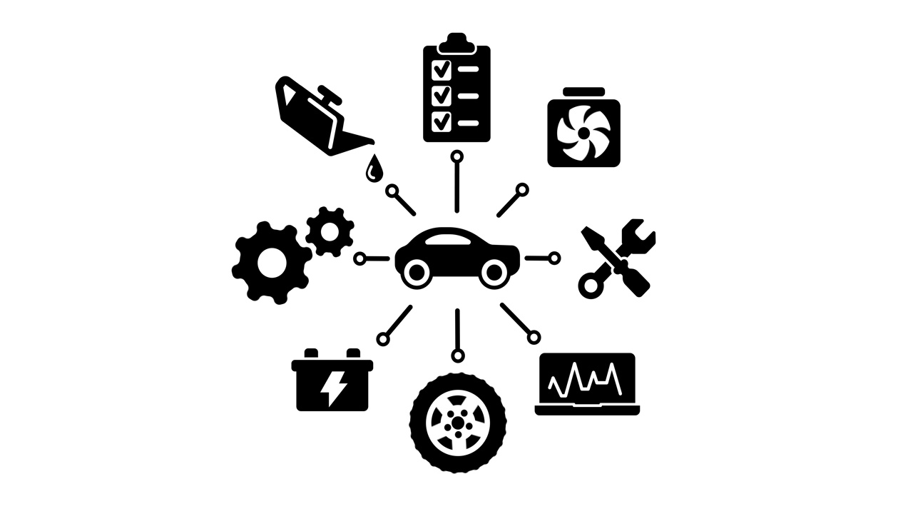 在4K的白色背景上的汽车及其维护设备的矢量插图视频素材
