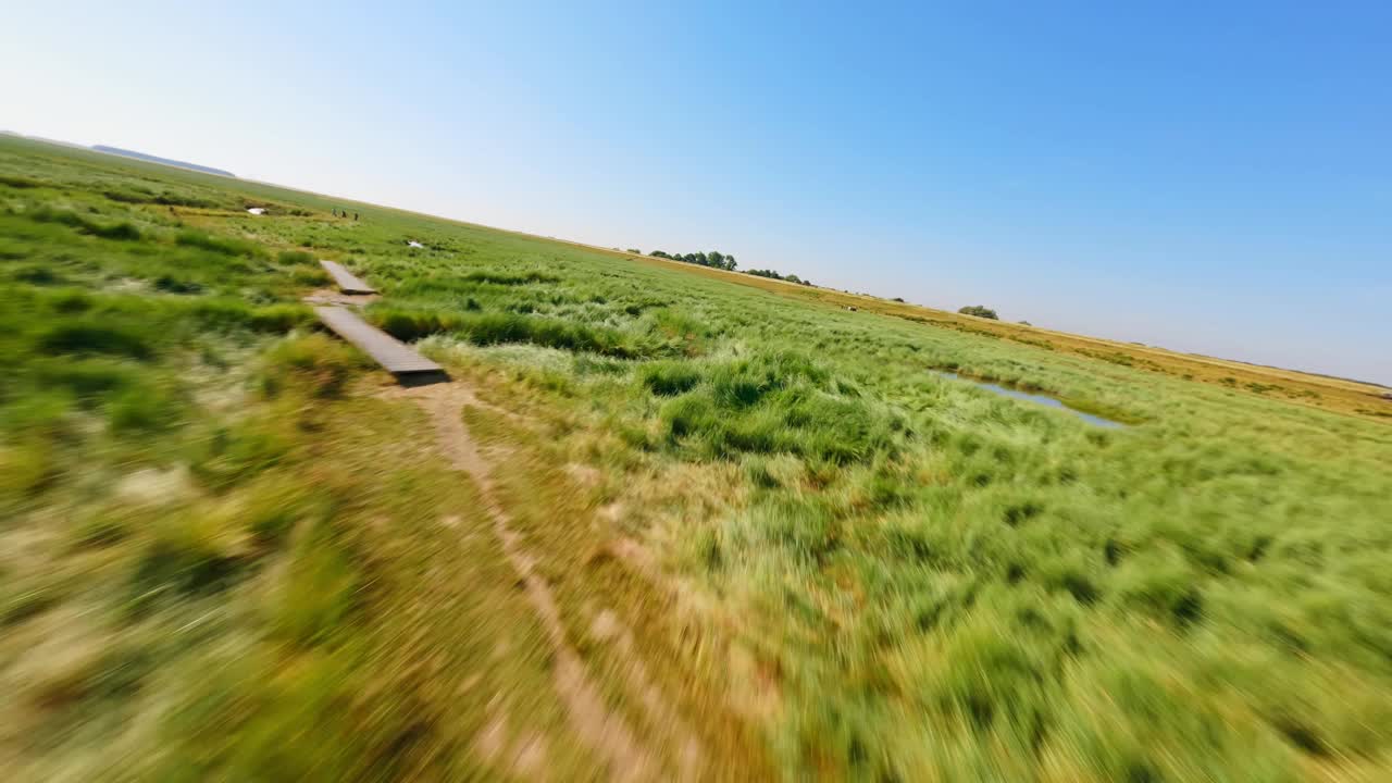 FPV无人机在清澈蔚蓝的夏日天空下，在受保护的湿地上空高速飞行视频素材