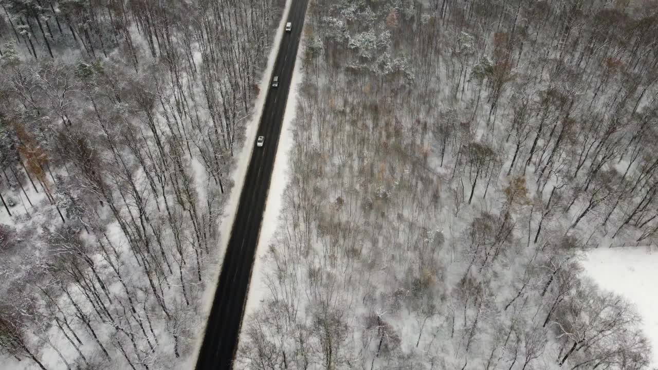 在公路上用汽车鸟瞰雪域，相机平行于道路飞行。在冬季森林上空低空飞行。视频素材