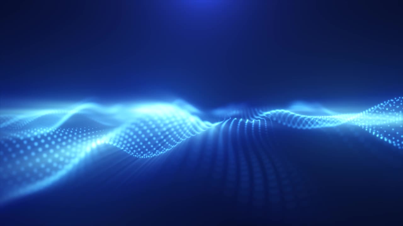 抽象发光的蓝色魔法能量波从粒子和点明亮闪亮的深蓝色背景。抽象的背景。视频在高质量的4k，运动设计视频素材