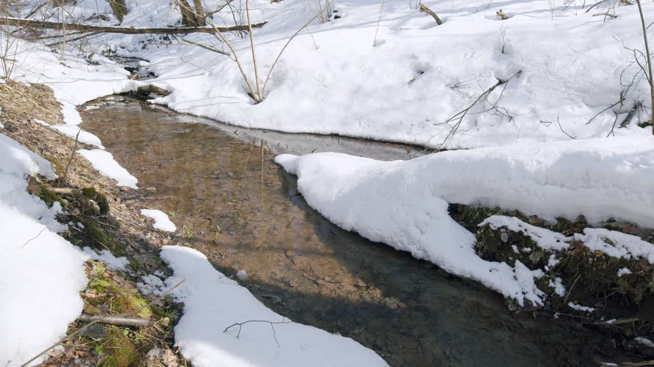 清澈的溪水纹理。河岸上有些雪。视频素材