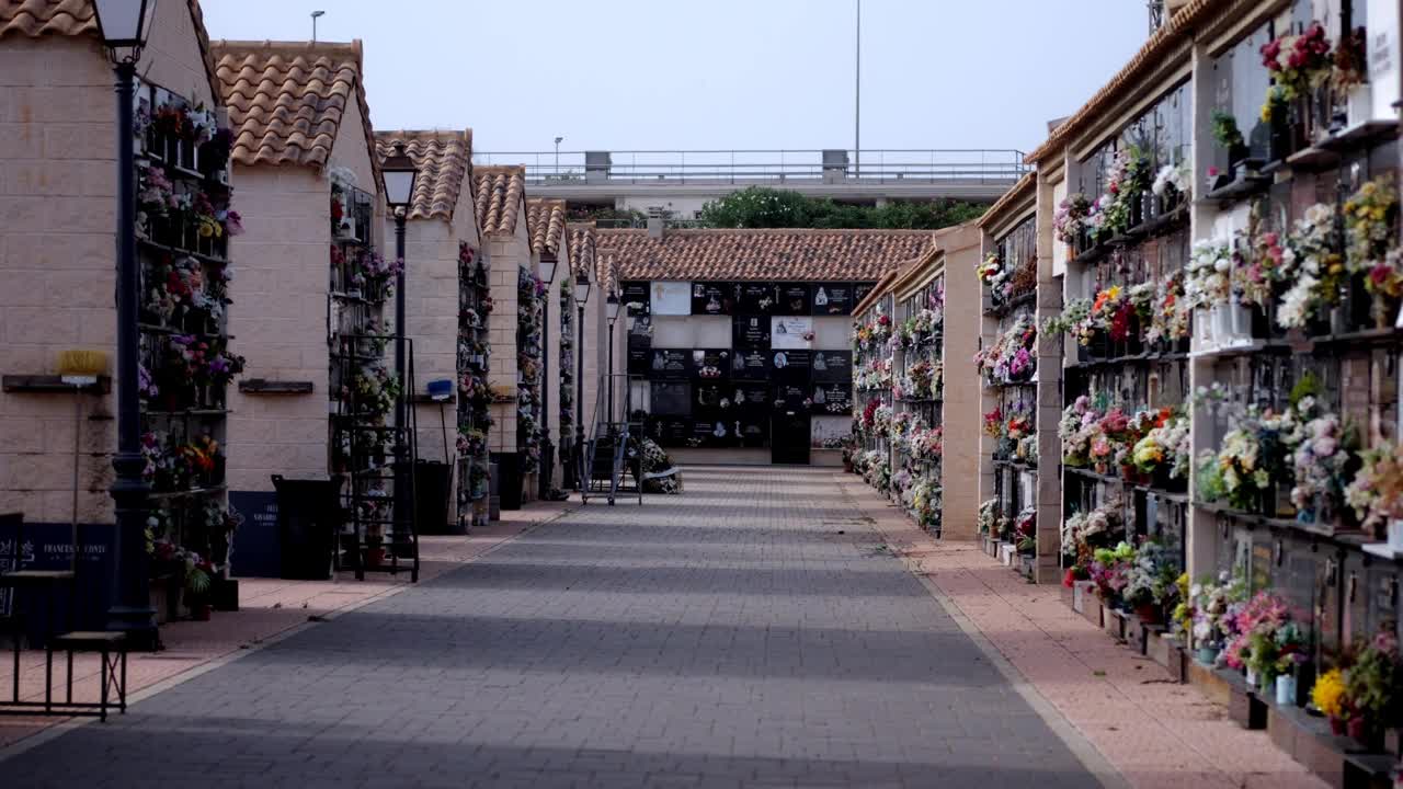 西班牙的墓地。坟墓。花岗岩石板和鲜花。花岗岩公墓墓碑。版本4视频素材