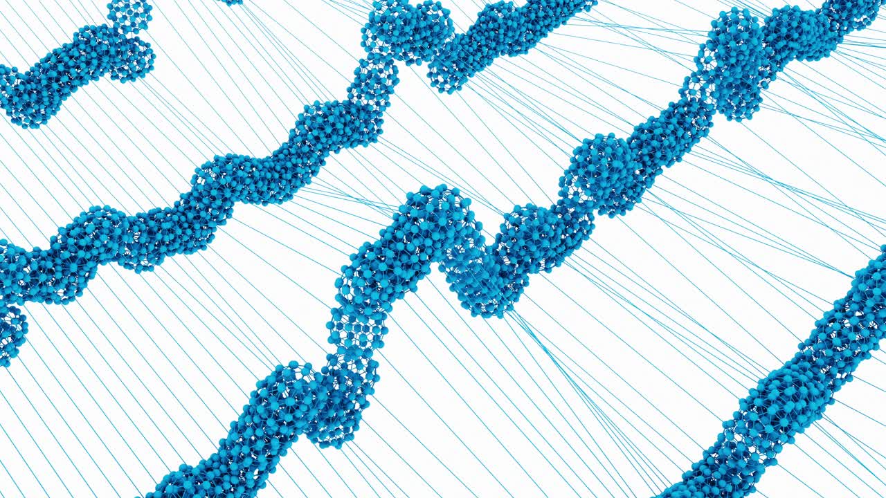 它们的原子和分子的神经网络在白色背景上以波的形式移动。三维渲染动画。视频素材