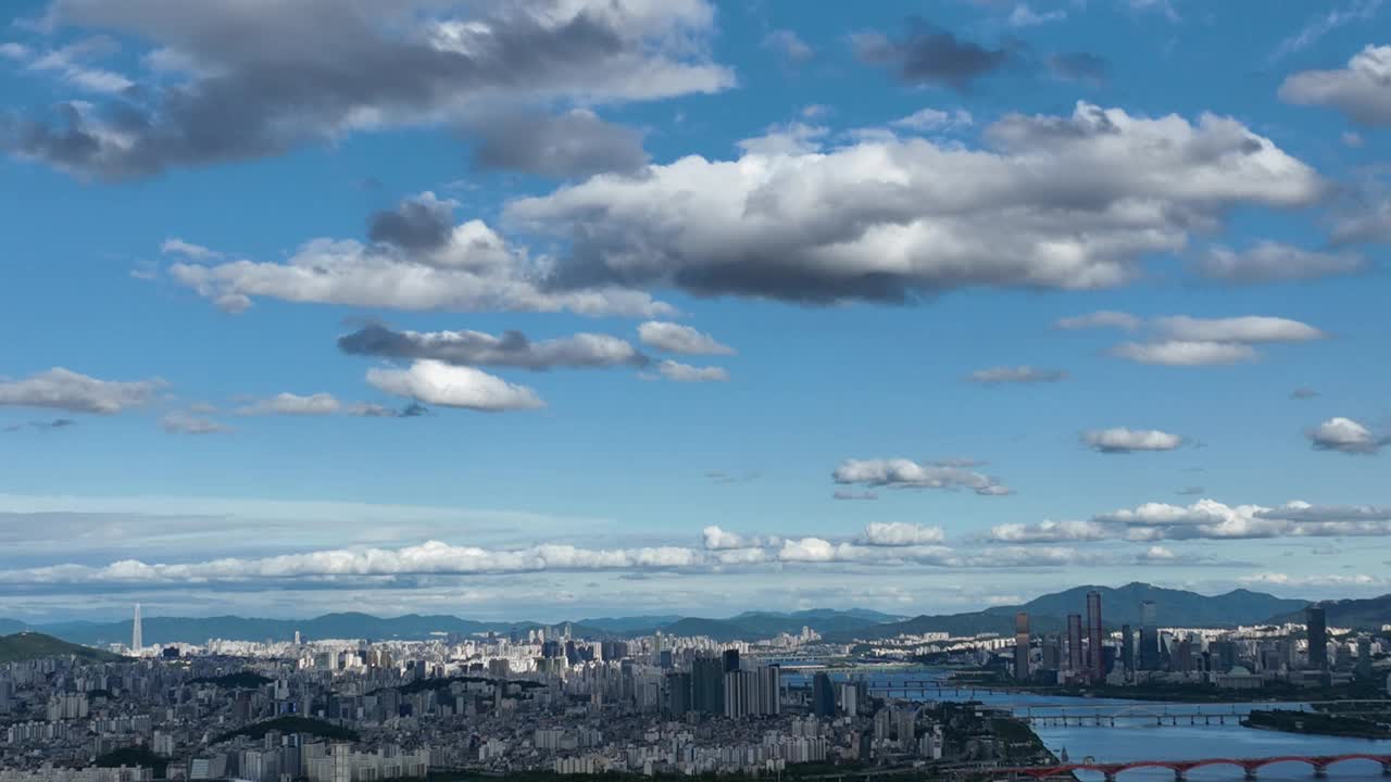 韩国首尔永登浦区汝矣岛/麻浦区汉江、世界杯大桥、圣山堤桥、杨花大桥、仙游岛和江边高速公路附近的市中心视频素材