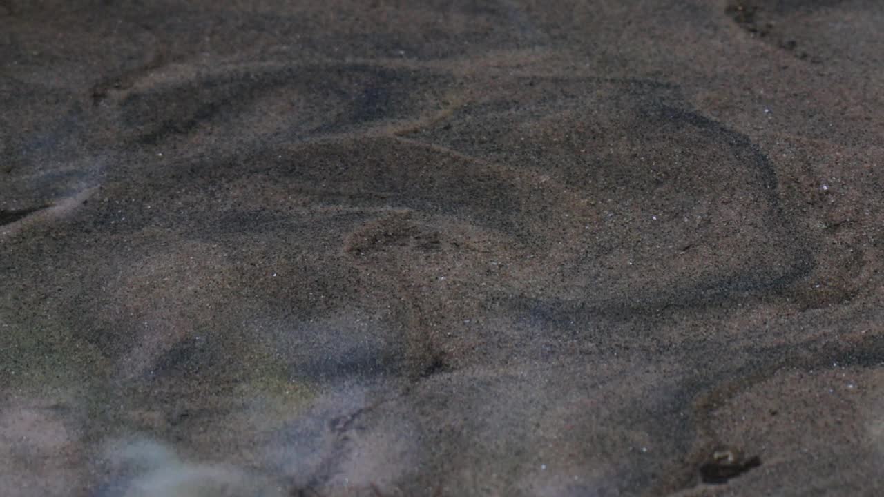 清澈如水晶般清澈的水在河里流动，在河里露出沙子，阳光落在水中视频下载