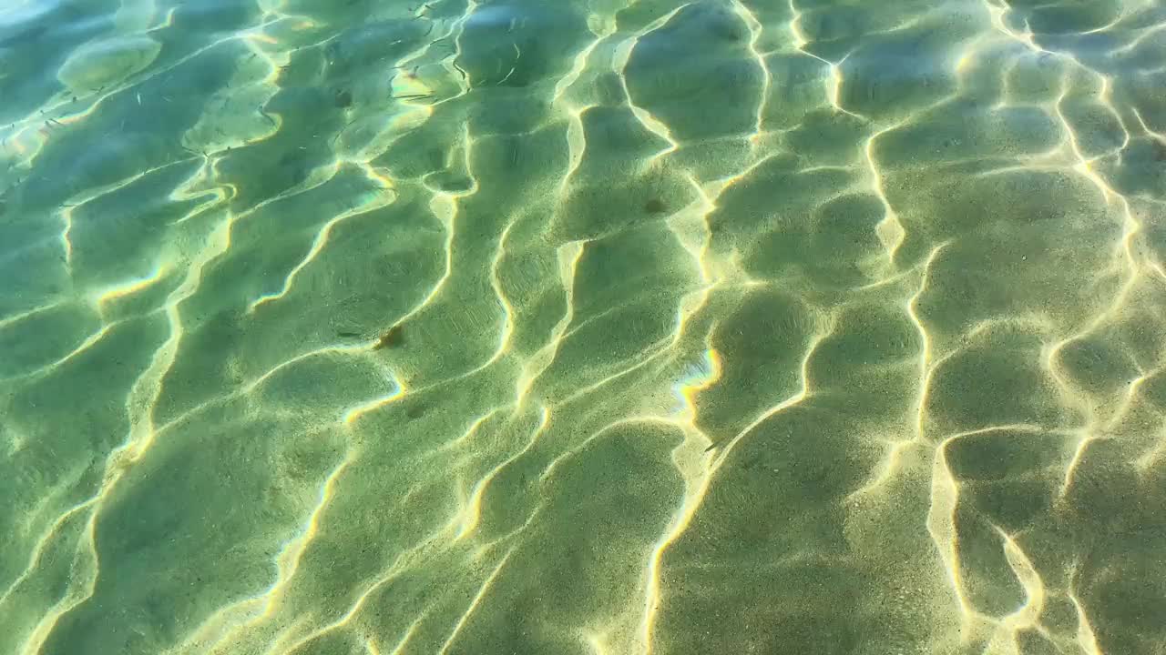 沙滩上的慢浪，背景是小鱼。美好的阳光反射。视频素材