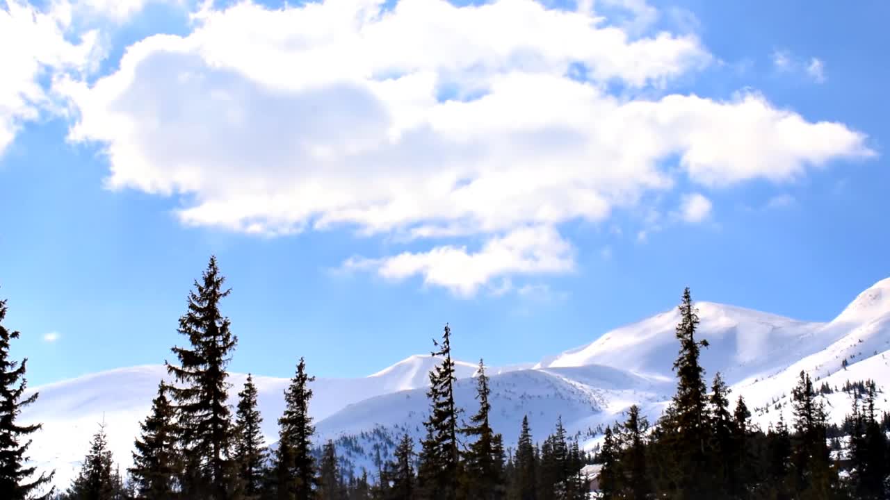 冬季滑雪胜地，风景优美，自然明亮，山川全景。在晴朗寒冷的霜冻日子里，松树云杉被冰雪覆盖在森林里视频下载