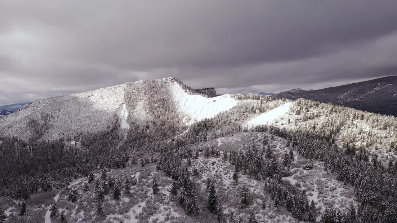 科罗拉多州暴风雪期间，飞越冰雪覆盖的冬季山地景观和森林视频素材