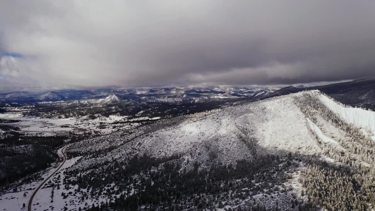 科罗拉多州暴风雪期间，飞越冰雪覆盖的冬季山地景观和森林视频素材