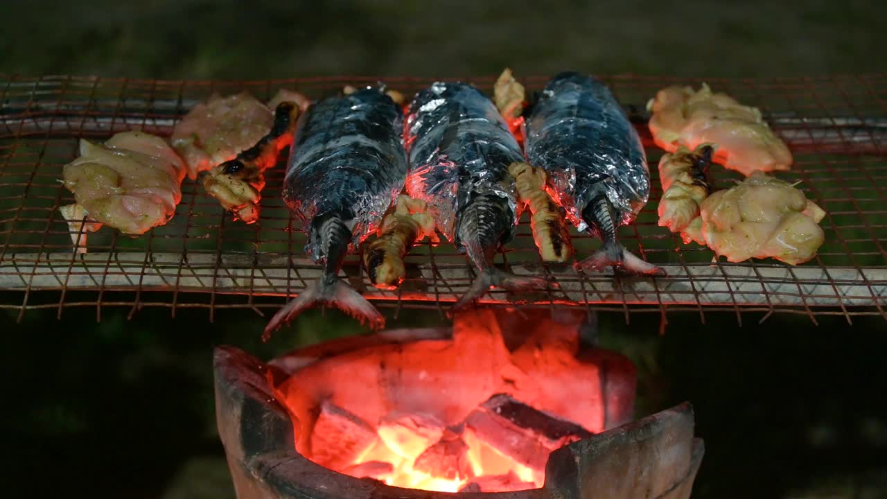 肉和鱼在燃烧的炭火上烤着。视频素材