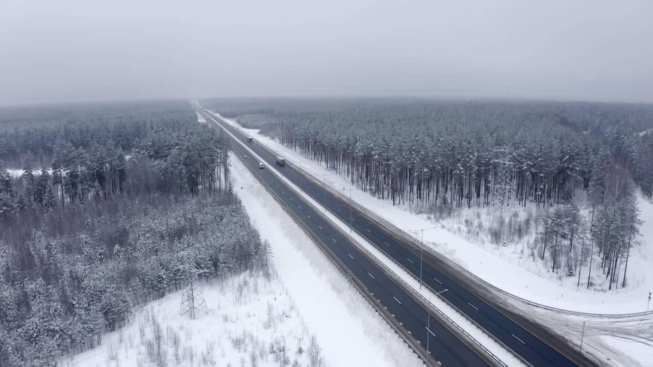 一辆白色汽车行驶在雪中树林中的高速公路上视频素材