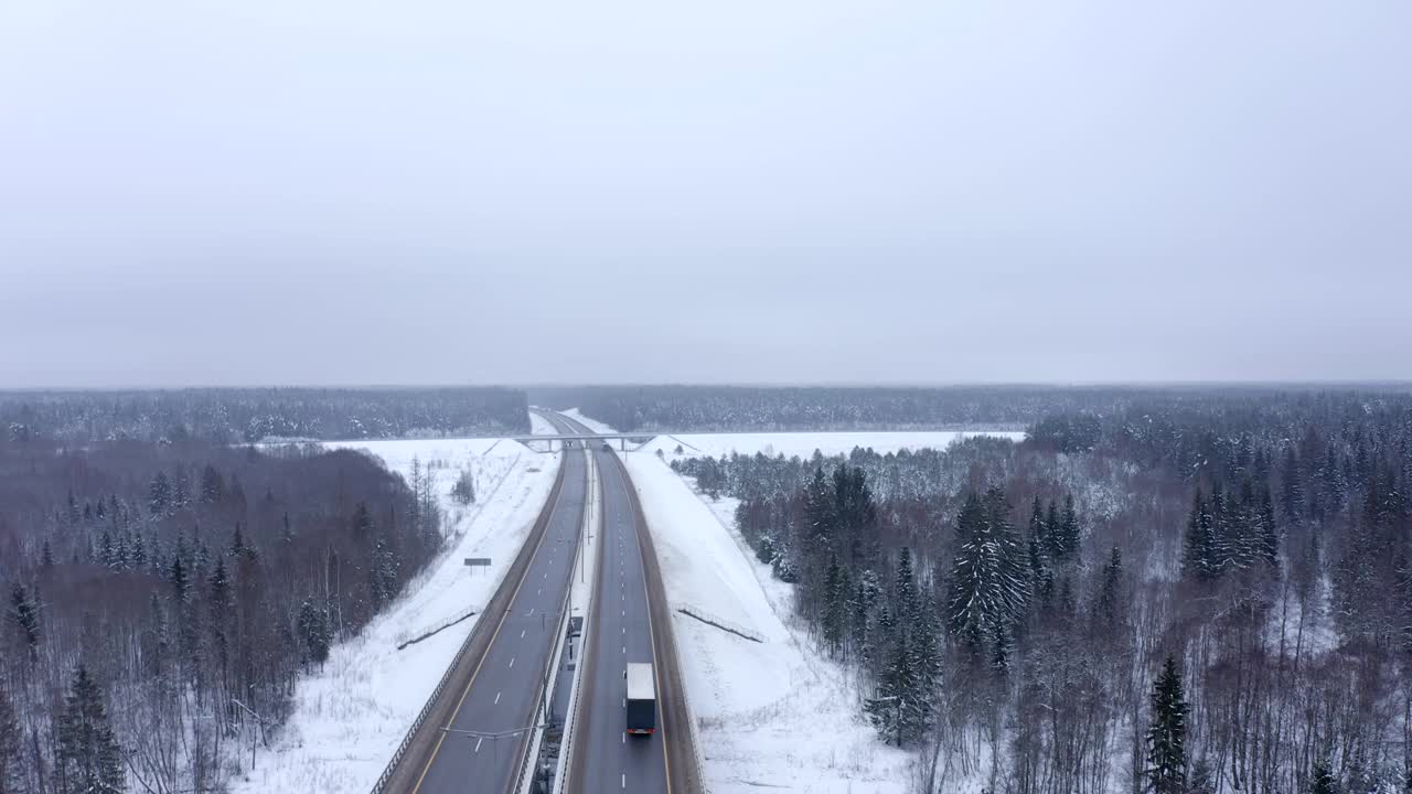 冬天，一辆白色卡车行驶在白雪覆盖的树林间。视频素材