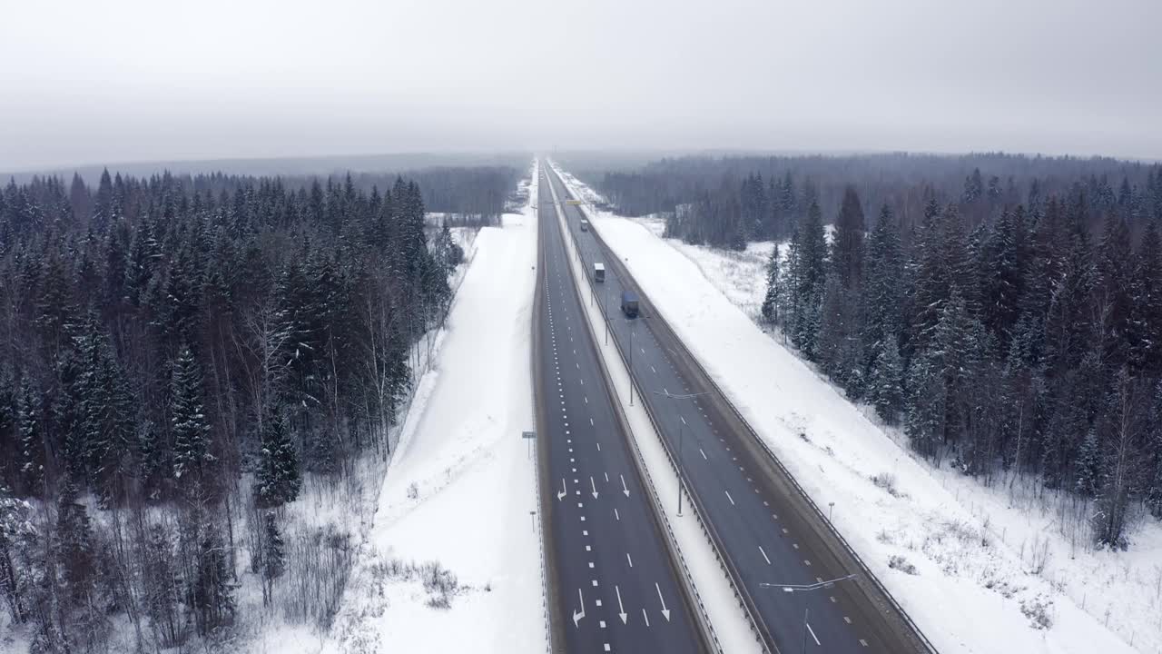 一辆黑色汽车在雪地里的树林里沿着公路行驶视频素材