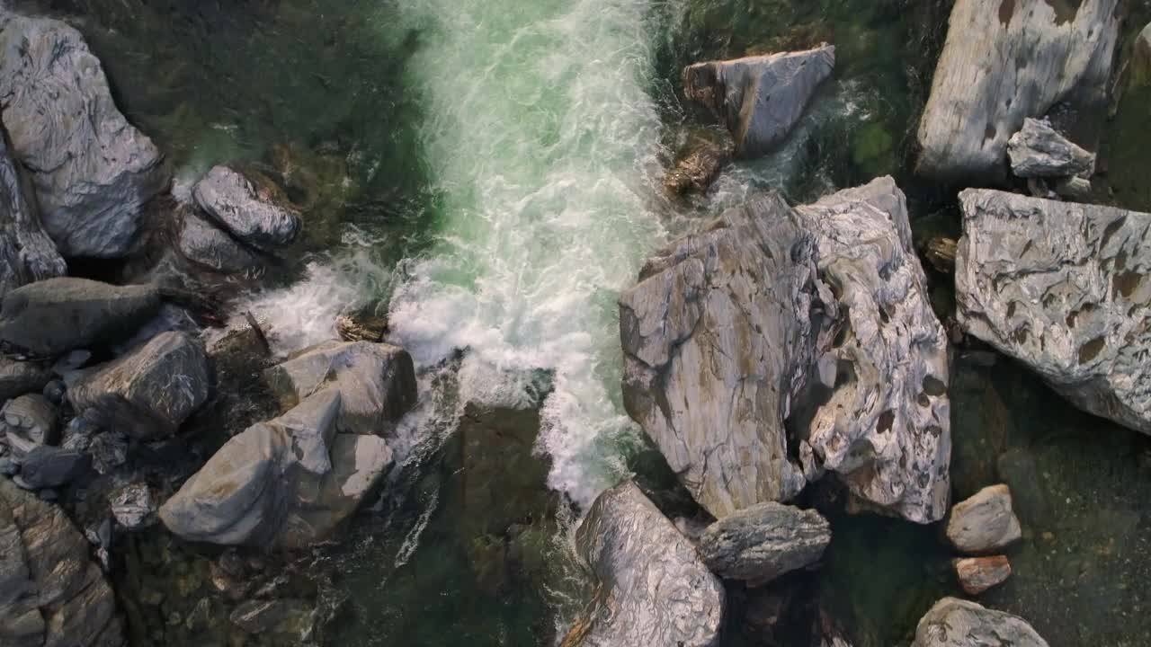 从上到下的观点冲冰川河的融雪与岩石和白水视频素材