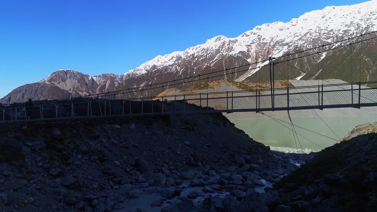 徒步旅行者沿着悬索桥在奔流的河流激流到雪山视频素材