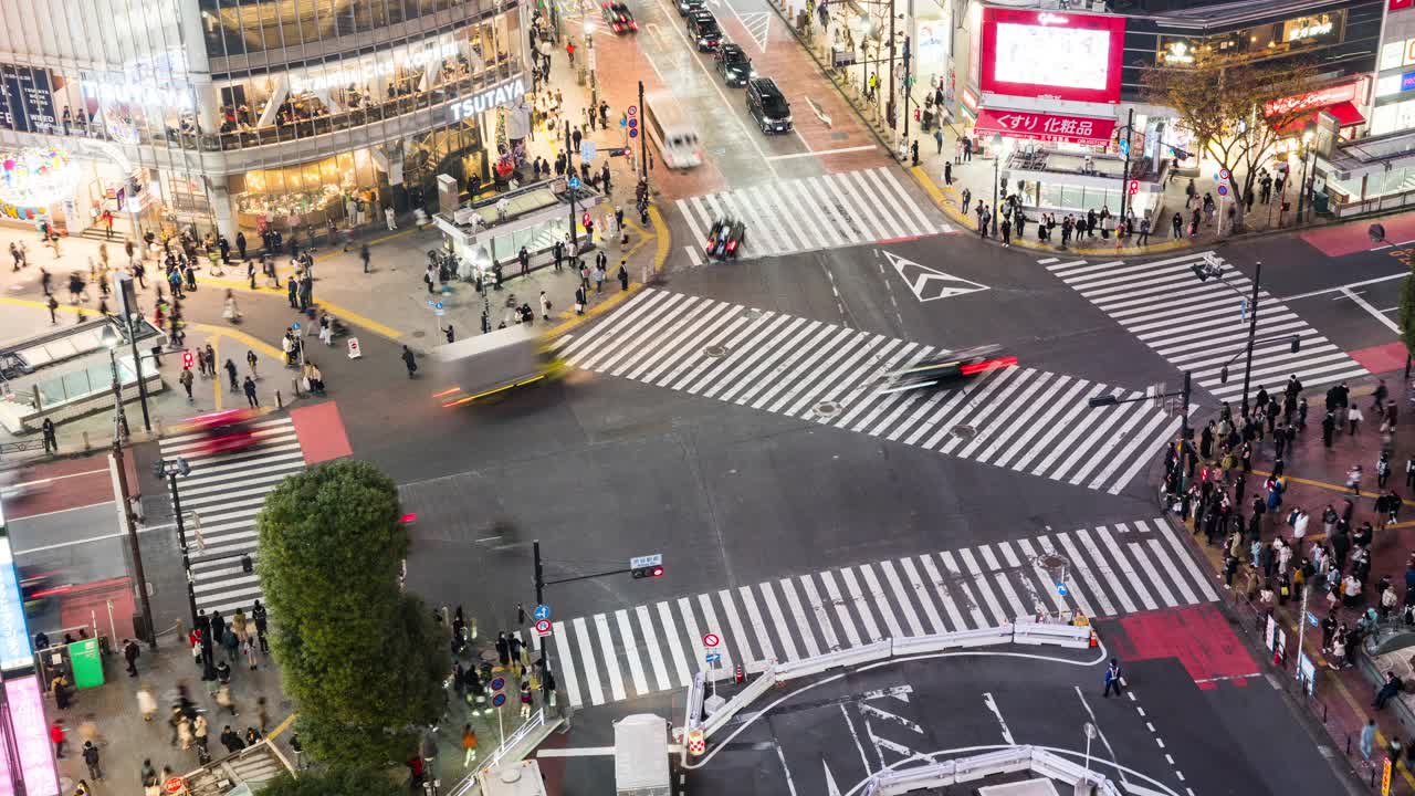 夜间时间流逝的汽车交通运输，拥挤的人走在涩谷路口的十字路口争抢。东京旅游景点地标，日本旅游，亚洲交通或亚洲城市生活理念视频素材