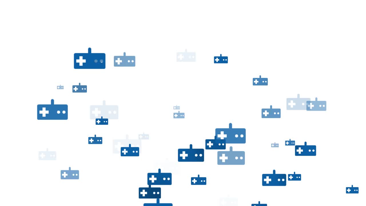 蓝色游戏图标在白色背景上循环。电子游戏垫和数字运动游戏符号视频素材