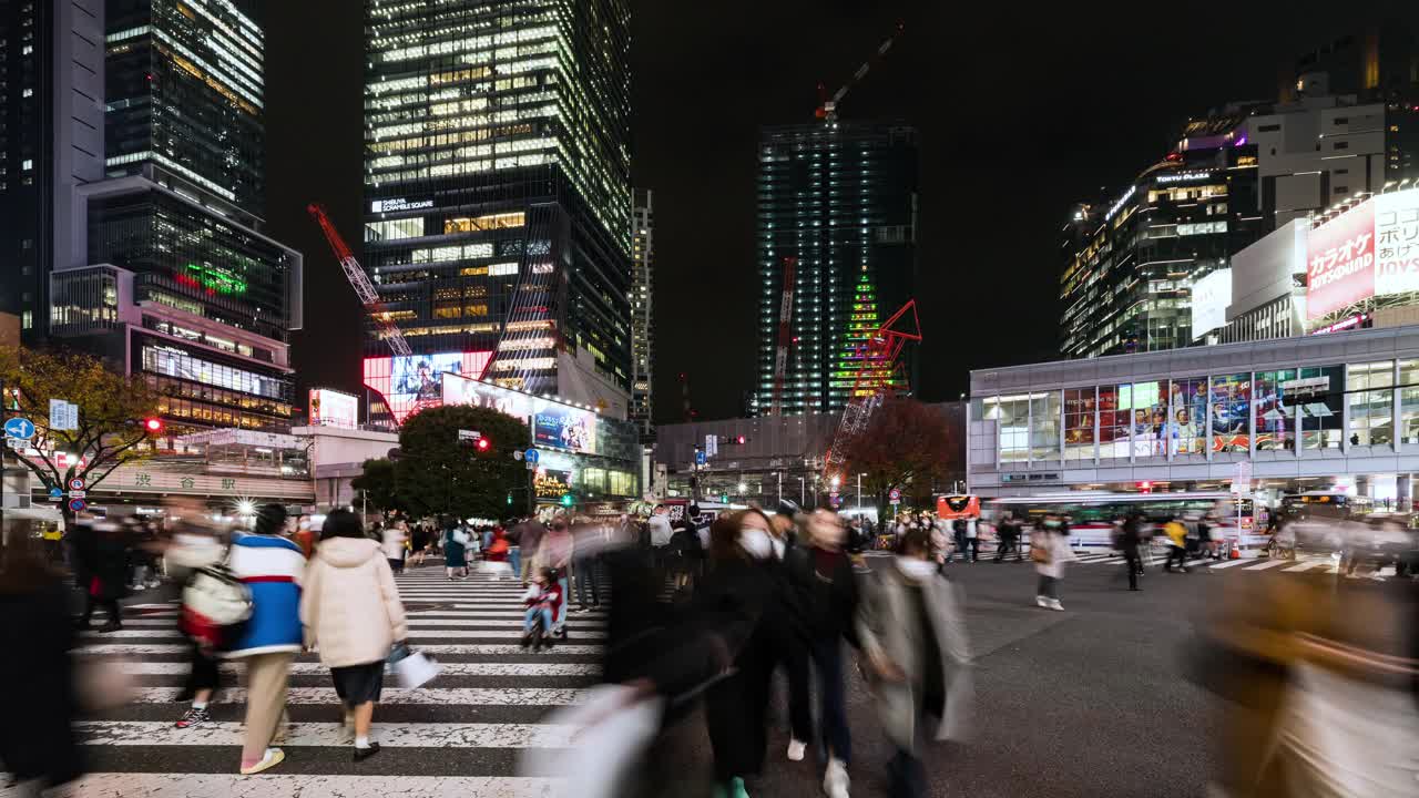 夜间时间流逝的汽车交通运输，拥挤的人走在涩谷路口的十字路口争抢。东京旅游景点地标，日本旅游，亚洲交通或亚洲城市生活理念视频素材