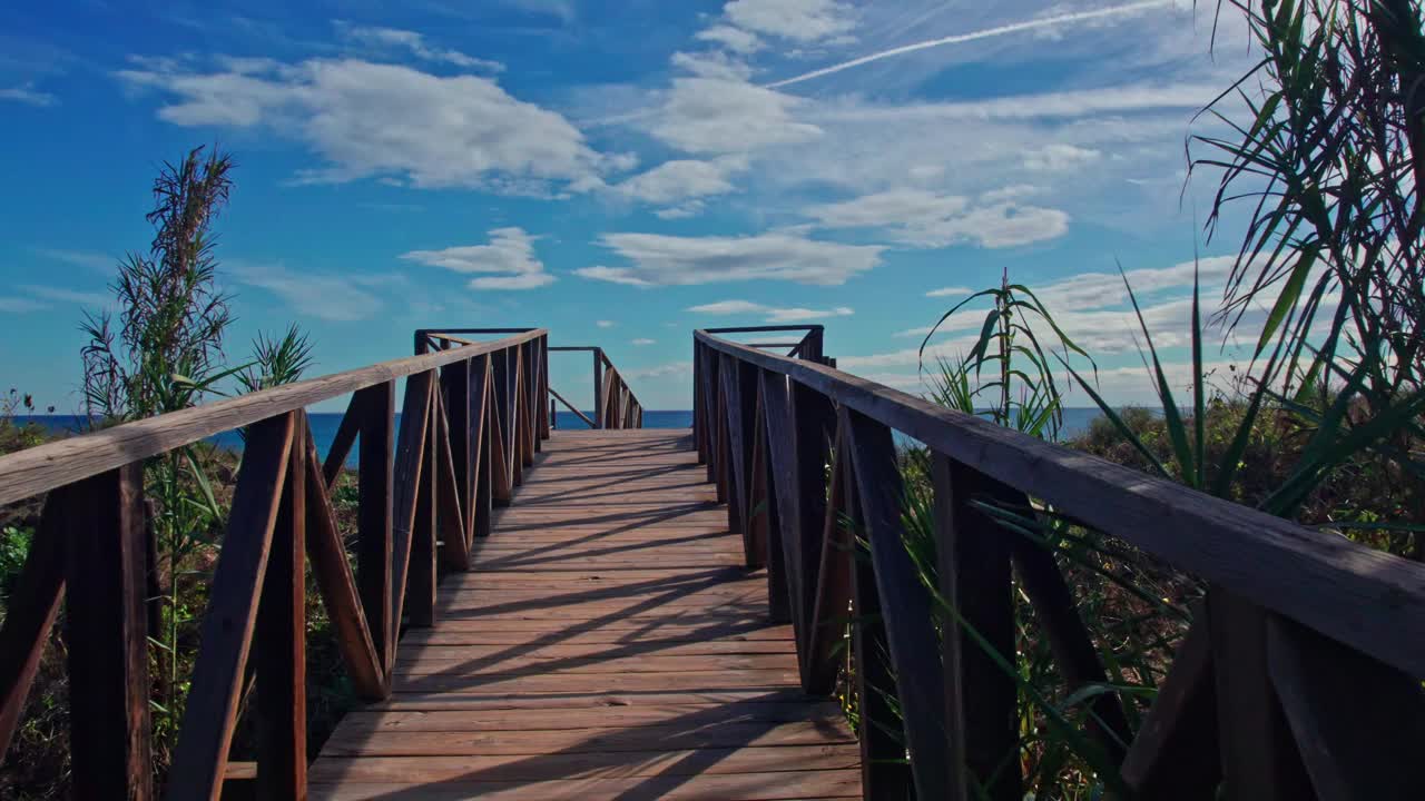 海岸沙丘上高高的芦苇间的木制人行桥。通往海滩的气候。视频素材