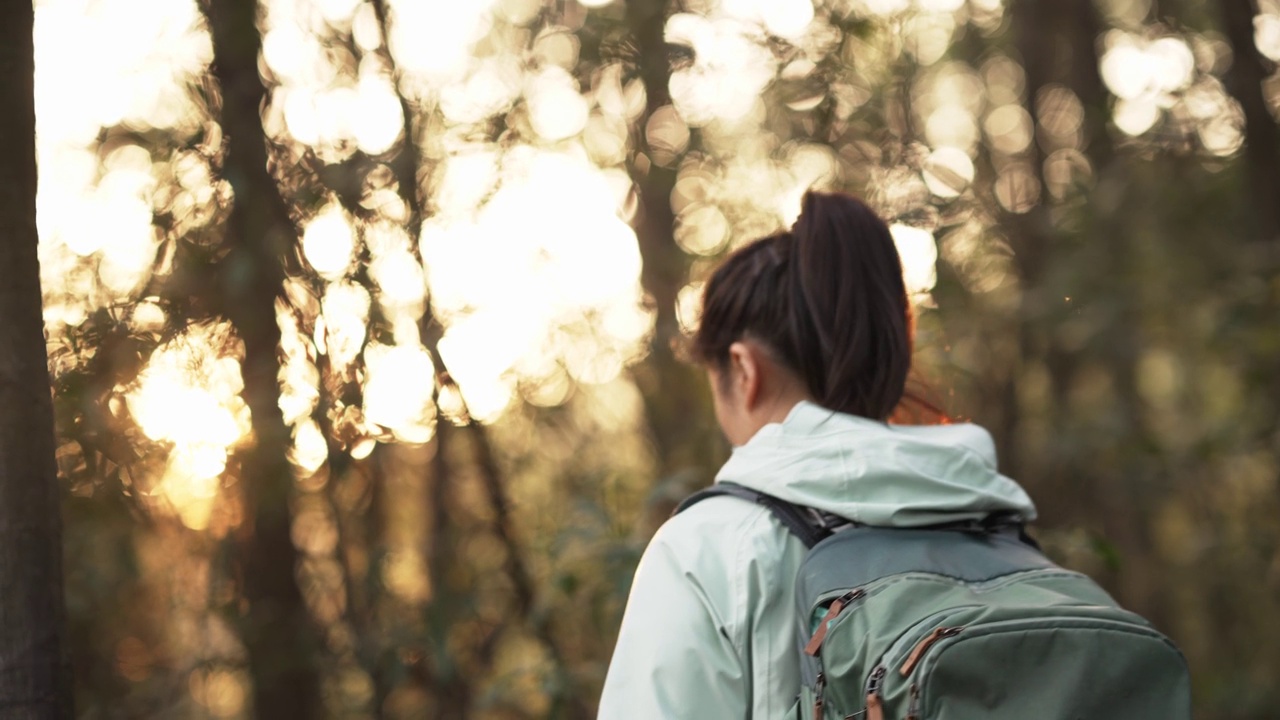 亚洲女性徒步旅行者在日落时分穿过山林视频素材