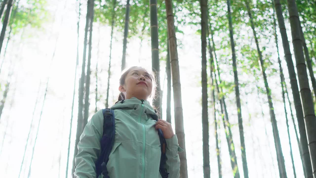 徒步旅行者在竹林中张开双臂，寻求自由和积极的情感视频素材