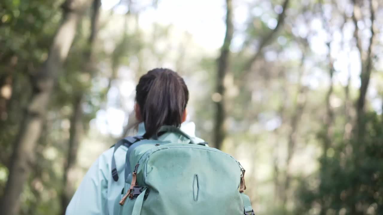 亚洲女性徒步穿越森林视频素材