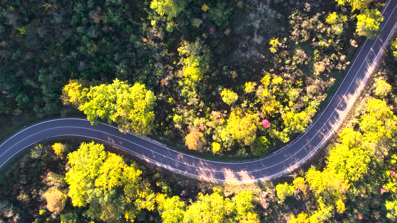 托斯卡纳，无人驾驶飞机的空中视图弯曲的道路在森林与通过的白色汽车视频素材