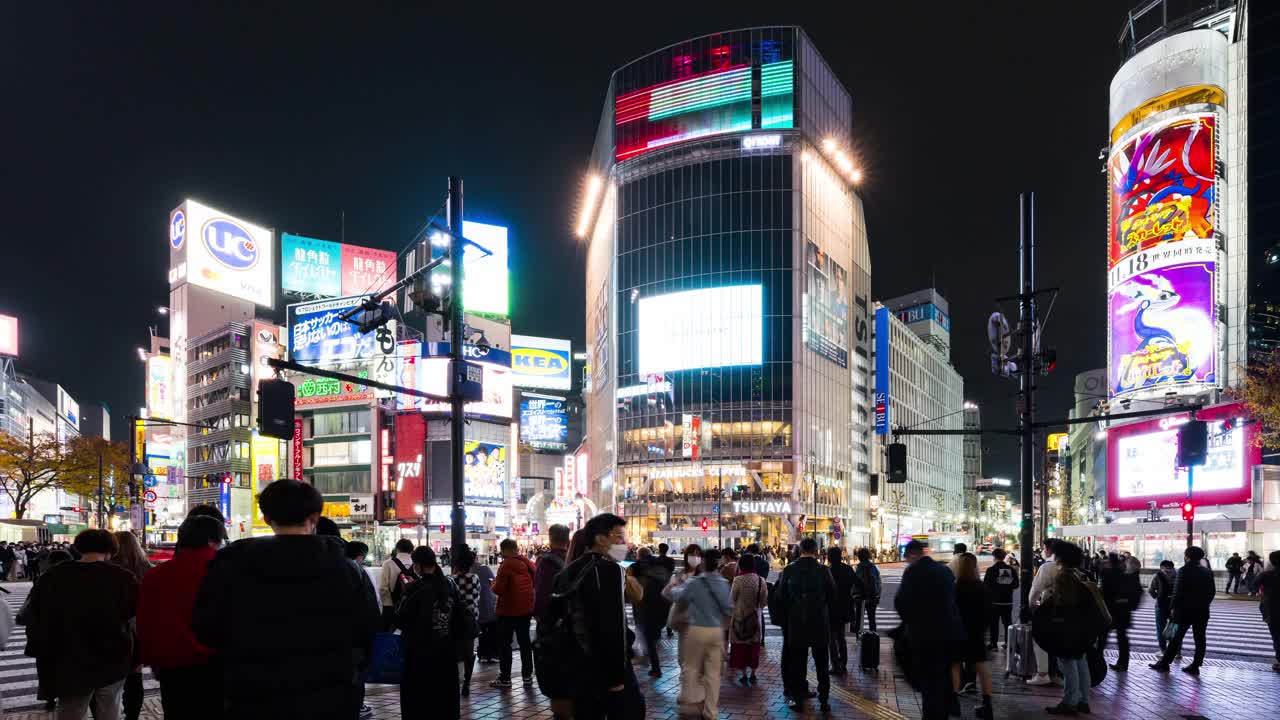 夜间时间流逝的汽车交通运输，拥挤的人走在涩谷路口的十字路口争抢。东京旅游景点地标，日本旅游，亚洲交通或亚洲城市生活理念视频素材