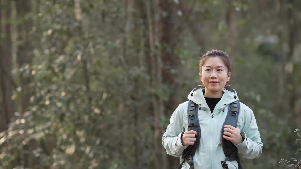 亚洲女性徒步旅行者穿过山林视频素材