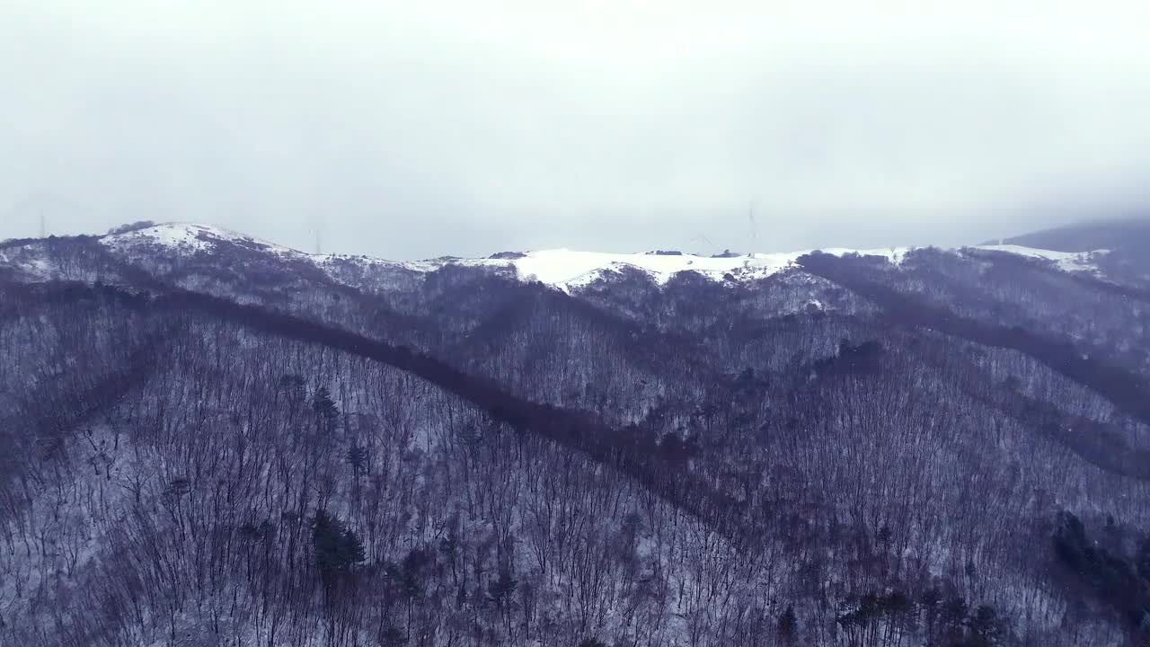 韩国江原道平昌郡冬季涡轮机、风力发电机、山脉和大关岭山口的雪景视频素材