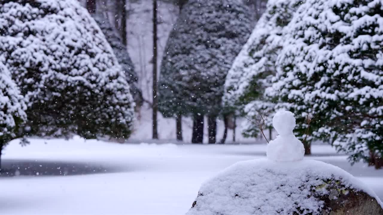 冬季雪人和大关岭山口的雪景/韩国江原道平昌郡视频素材