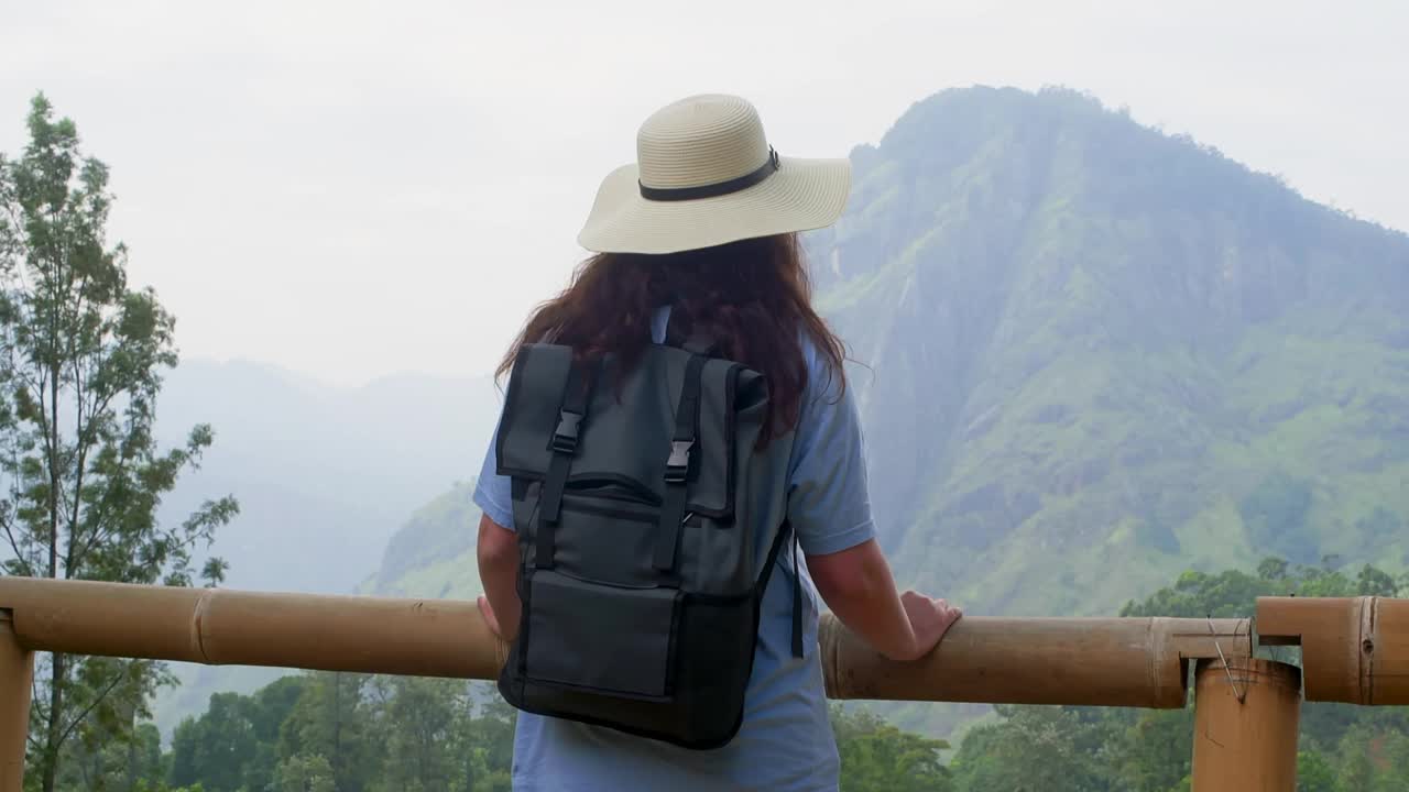 女游客站在栅栏附近欣赏山谷的美景。视频素材