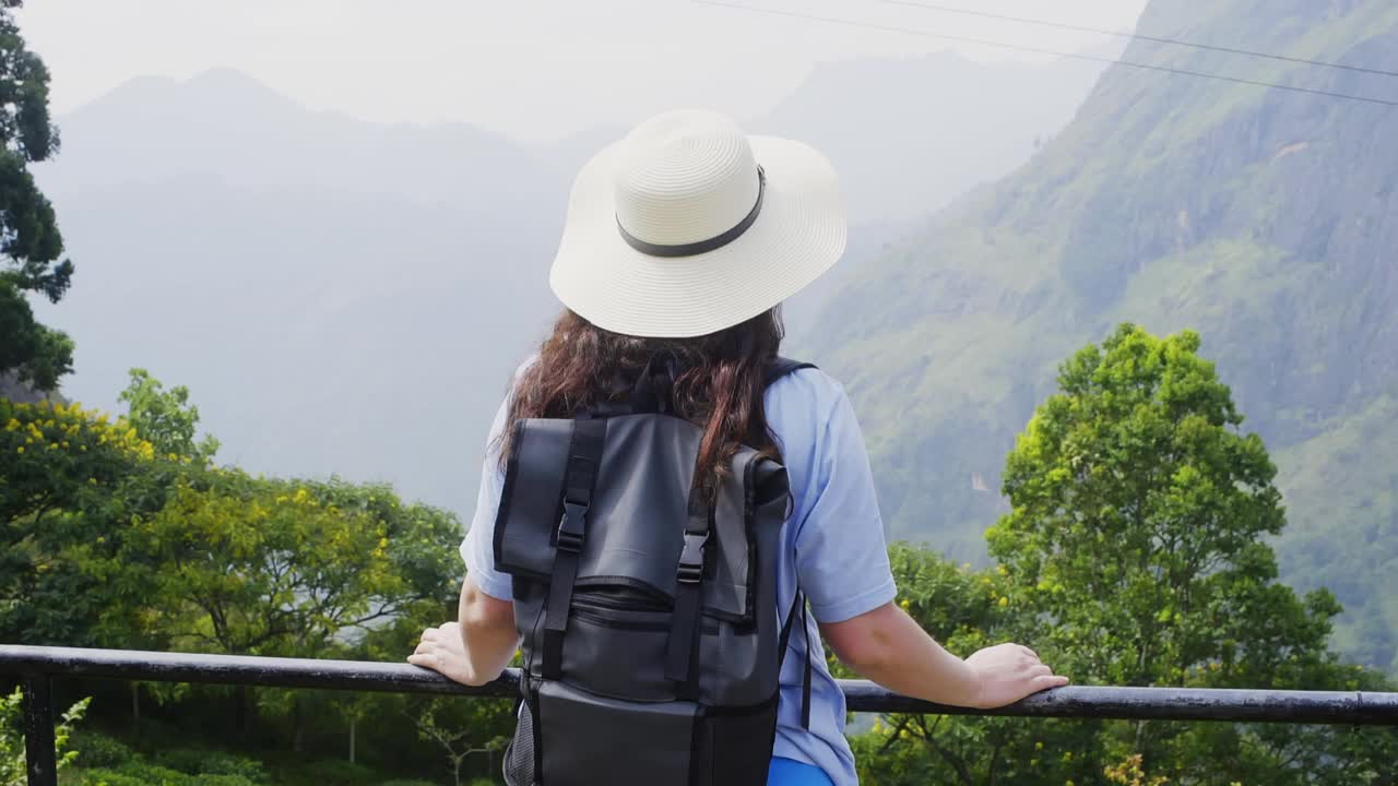 一名女游客正在欣赏自然热带公园的山谷美景视频素材