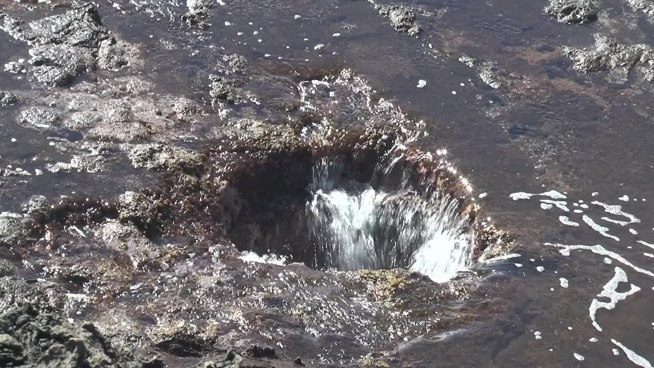 夏威夷海洋上的海洋间歇泉。水喷泉从岩石间的洞中喷出，溅起周围的岩石景观。夏威夷毛伊岛，海浪汹涌，浪花四溅。自然现象视频素材