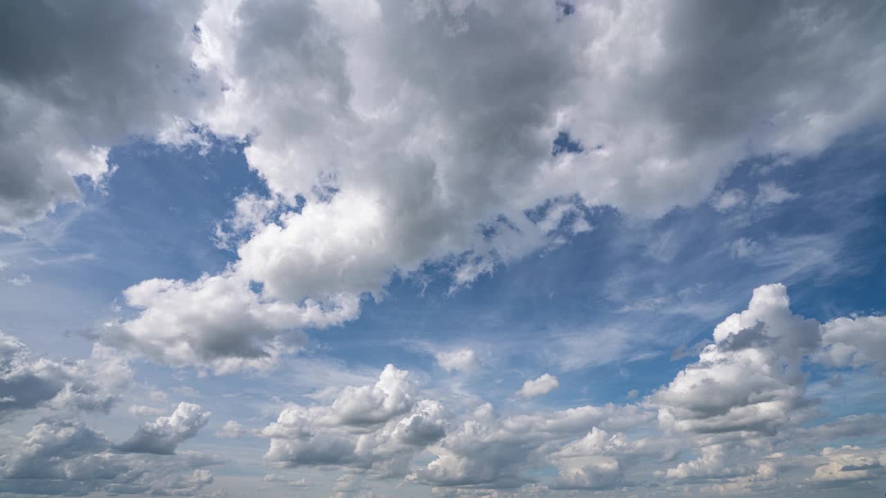 蓝天白云。蓬松蓬松的白云。积云云景时间流逝。夏日蓝天时光流逝。大自然天气蓝天。白云背景。云延时，视频循环视频素材