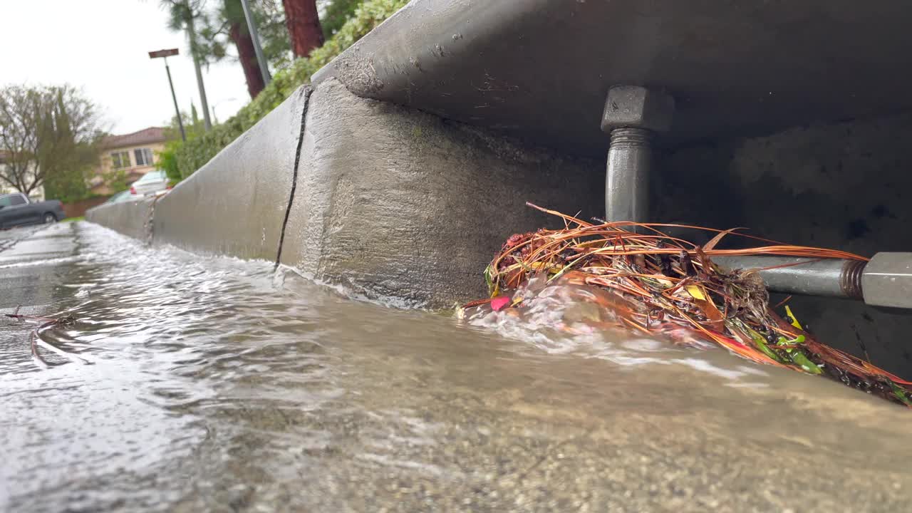 暴雨后雨水流入街道排水沟视频素材