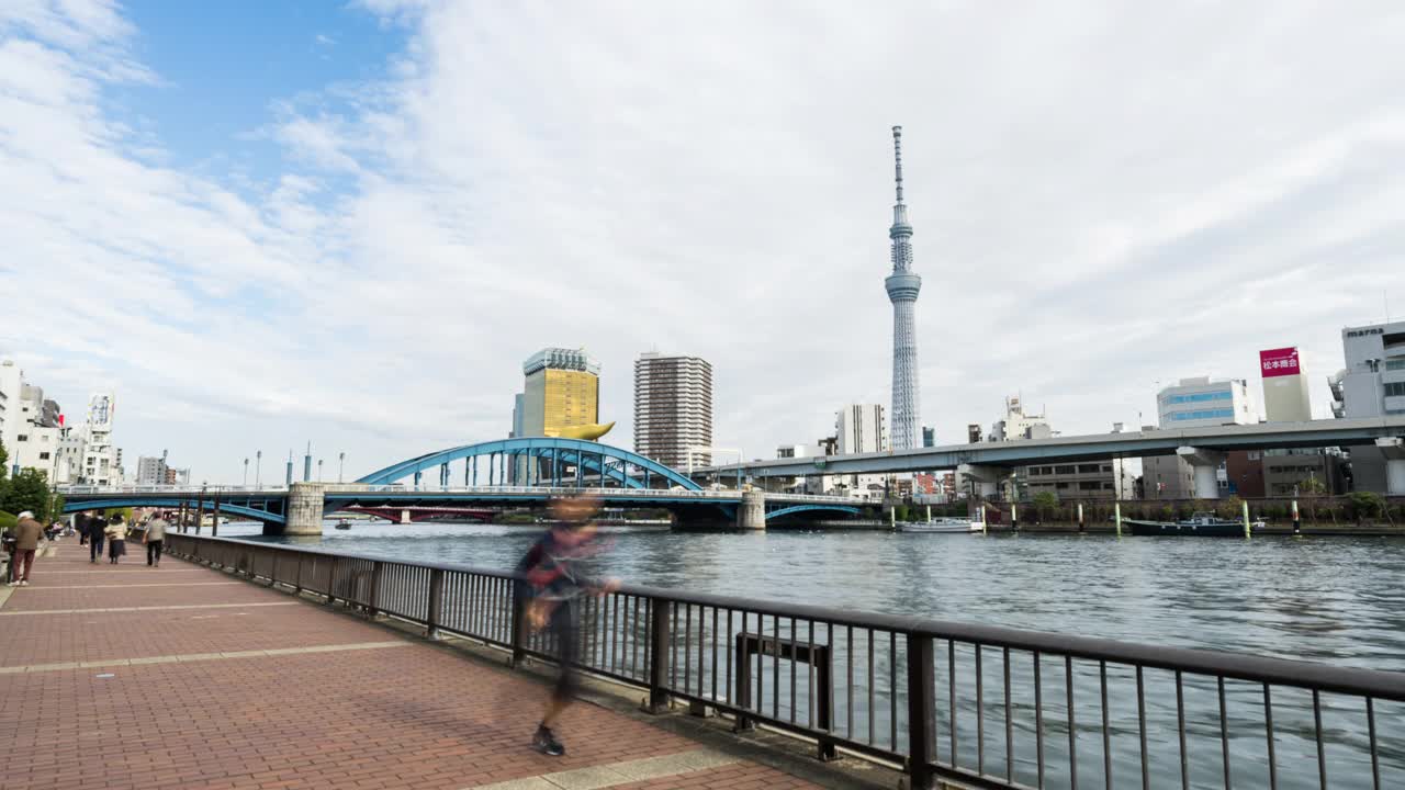 超延时的人们漫步在隅田河，汽车交通运输在日本浅草，东京天空树的城市景观。亚洲旅游地标，亚洲旅游目的地，还是日本城市生活视频素材