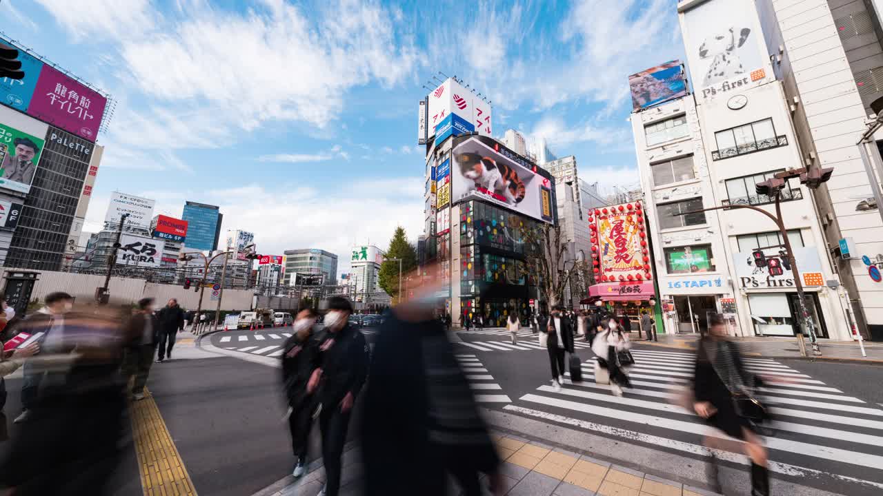 时间流逝的汽车交通运输，拥挤的人走在新宿购物区十字路口。东京旅游景点地标，日本旅游，亚洲交通或亚洲城市生活理念视频素材