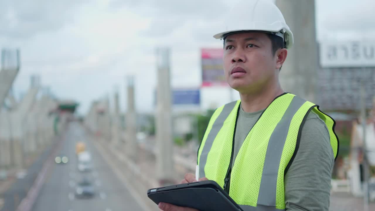 亚洲男性工程师使用数字平板电脑在建筑工地工作。视频素材