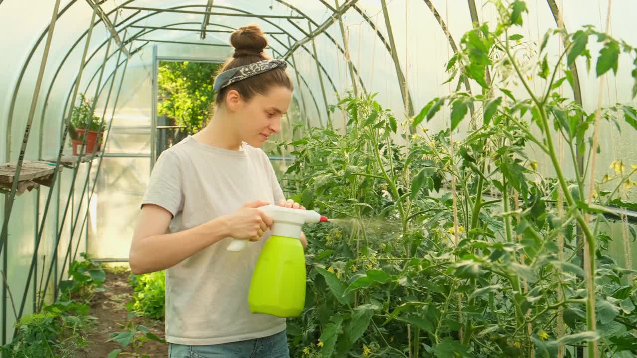 园艺和农业概念。女园丁农场工人拿着喷雾瓶和浇水施肥番茄植株。女孩在家里的温室园艺。温室生产。有机蔬菜。视频素材