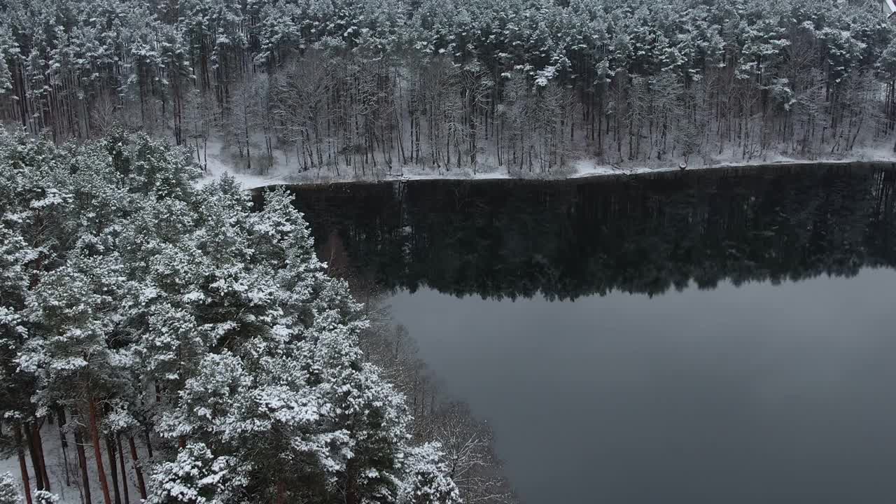 鸟瞰白雪覆盖的树梢，森林中平静的湖面，冬日。宁静的自然，清新的空气，清澈的碧水。在美丽宁静的冬季湖上，飞越令人惊叹的雪松林。视频素材